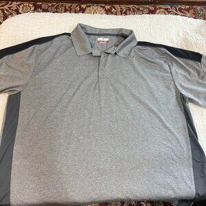 Gray golf shirt with Black on shoulder and side
